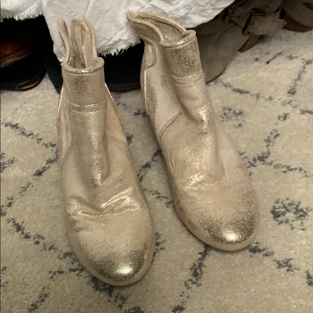Gold shimmer ankle booties about 2” heel